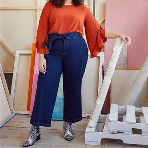 Eloquii Belted Wide Leg Paperbag Waist Crop Jeans SZ 28 Dark Wash Blue